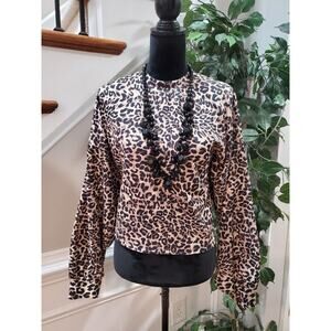Bershka Womens Brown Animal Print Mock Neck Long Sleeve Top Blouse size Large